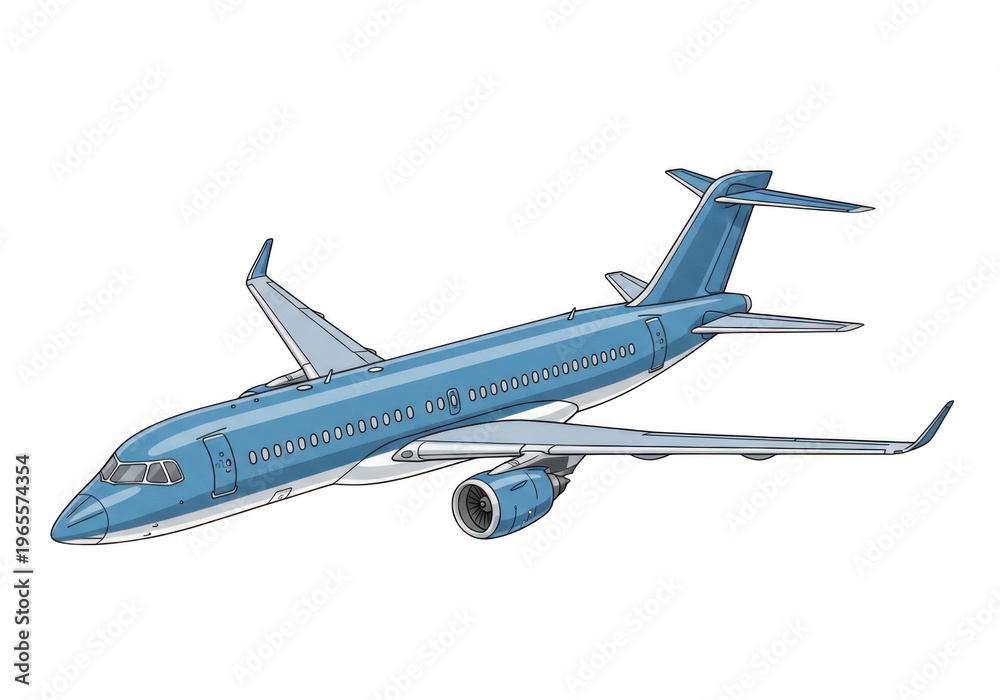 Fototapeta premium Blue commercial airplane illustration on white background, modern passenger jet aircraft in flight, isolated aviation transport vector graphic