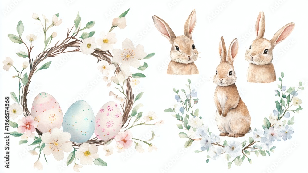 Fototapeta premium Watercolor easter set with three wreaths, three rabbits, a nest with speckled eggs; soft pastel tones, spring floral accents, whimsical cute illustration style