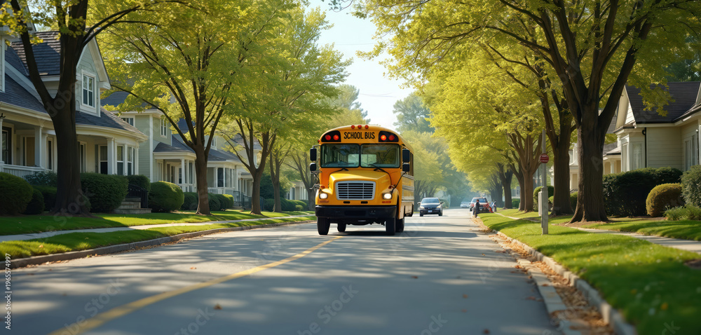 Obraz premium Yellow school bus drives on suburban street. Homes line the road with green trees. Sunny day, peaceful neighborhood, children commute to school for education.