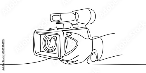 A single continuous line drawing of a person holding a professional video camera for recording.