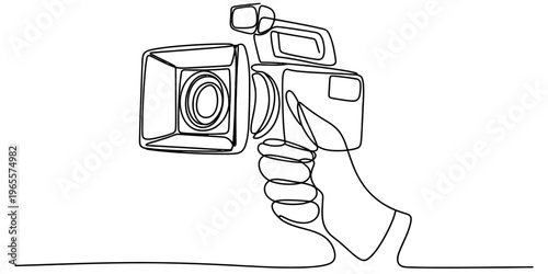 A single continuous line drawing of a person holding a professional video camera for recording.