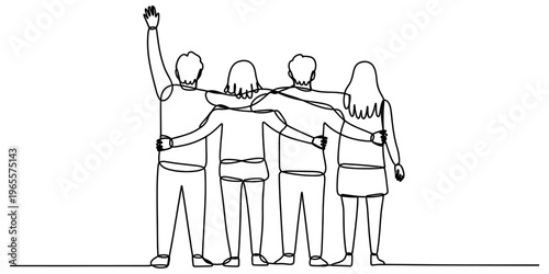 A single continuous line drawing of four friends standing together with arms around each other.