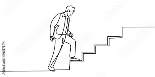 A single continuous line drawing of a businessman climbing stairs representing professional growth