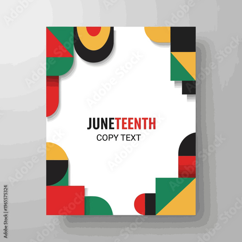 A colorful Juneteenth graphic design template with a white background and bold geometric shapes in red, green, yellow, and black.