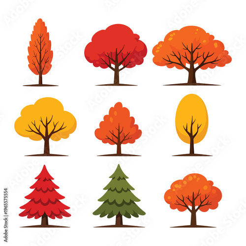 Autumn Tree Collection Fall Forest Nature Flat Vector Set