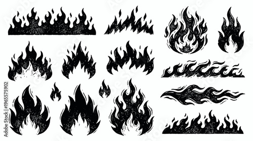 Collection of hand drawn black and white vintage fire flames with grunge texture isolated on white background, concept for hot sauce label, automotive decal design and heavy metal band merchandise