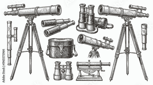 Collection of vintage engraved telescopes, binoculars and antique spyglasses on tripods with detailed hatching, concept for astronomical research, nautical navigation and historic exploration