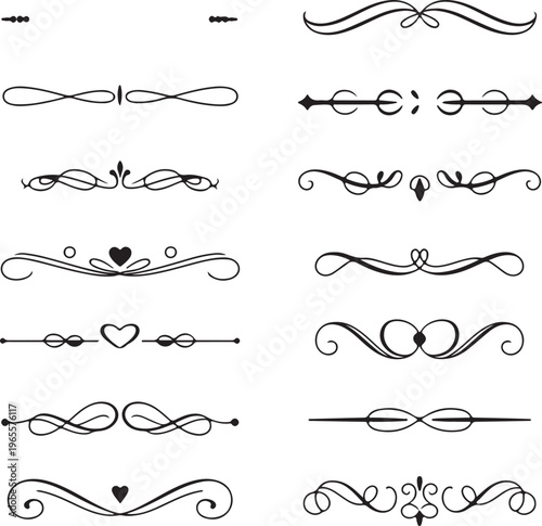 Elegant Collection of Ornate Calligraphic Page Dividers with Hearts and Decorative Swirls