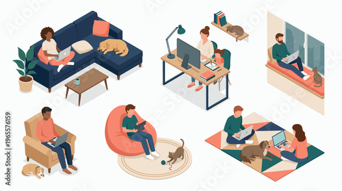 Diverse creative designers and remote developers working on laptops in home interiors with pets, concept for remote working lifestyle, freelance career and digital nomad workplace