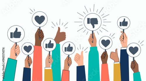 Diverse hands of corporate managers and office employees holding signs with like heart and dislike icons, concept for customer feedback survey, reputation management and social media reviews