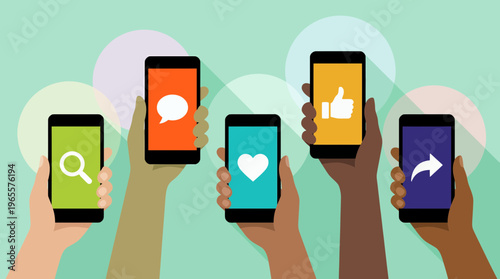 Diverse hands of marketing managers and corporate executives holding smartphones with social media icons, concept for digital networking, brand strategy and customer engagement