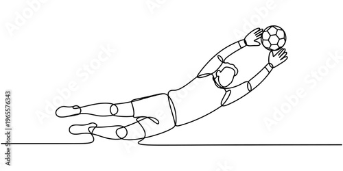 Continuous single line drawing of a soccer goalkeeper making an impressive save of the ball.