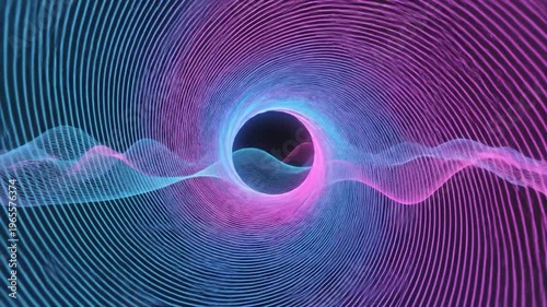 Abstract swirling digital waves of neon blue and pink light create a mesmerizing vortex against a dark background