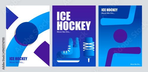 
Ice Hockey Sport Poster Set Vector with Skates Puck and Player Silhouette on Blue Gradient Background for Tournament Championship Design