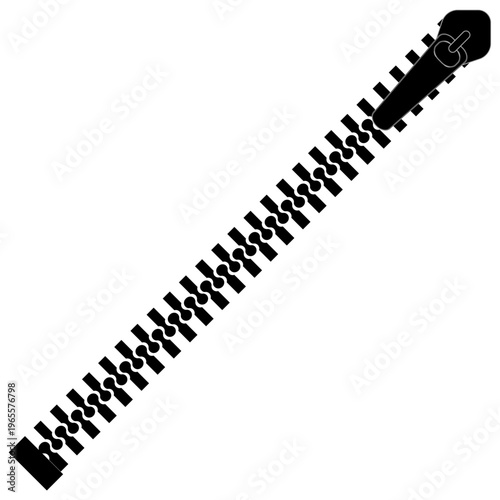 Black closed zipper placed diagonally on a white background. Vector illustration of a clothing zipper with metal teeth and pull tab.Minimal textile fastener symbol suitable for fashion design, sewing.
