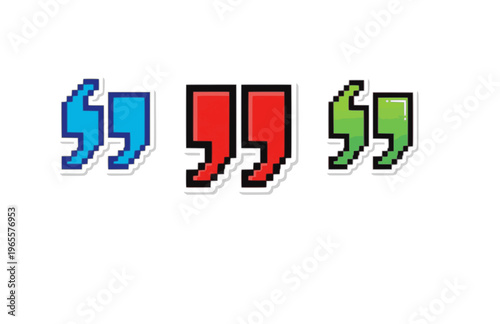 Pixel Art Quote Mark Silhouette Sticker, Cyber Retro 8-bit Quotation Vector, Modern Digital Tech Nostalgia Icon Illustration