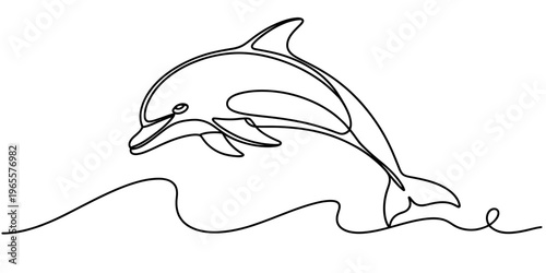 A minimalist single continuous line drawing of a playful dolphin jumping out of the ocean waves.