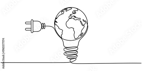 A single line drawing of the earth shaped like a light bulb plugged into a power source energy.