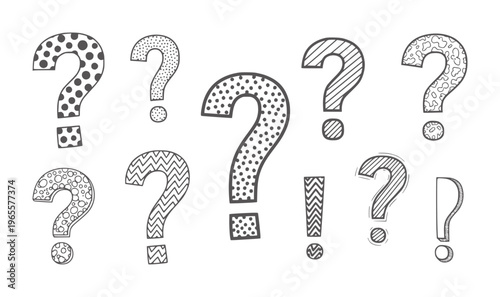 Hand drawn question marks and exclamation points with various patterns