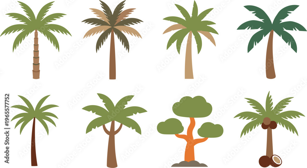 Obraz premium Palm tree vector collection with tropical trees coconut plants and exotic nature elements flat design summer landscape icons isolated on white background