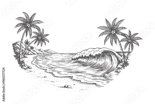 Vintage tropical beach scene with breaking wave and palm trees ocean water