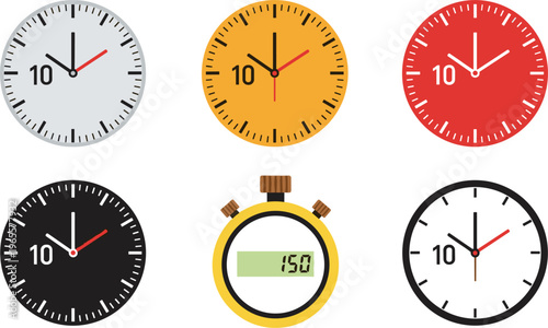 Analog clock and stopwatch vector set with different styles modern classic colorful time measurement icons isolated on white background