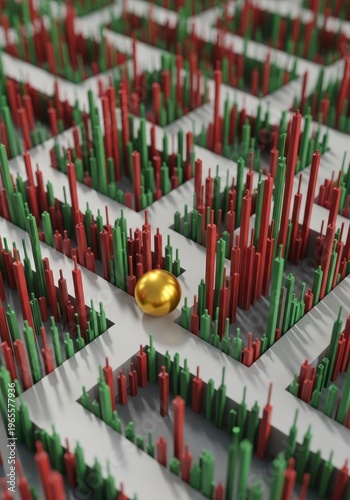 Golden ball in center of maze made of red and green candlestick charts. Financial market complexity and trading risk. Investment strategy and economic instability analysis concept.