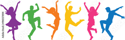 Colorful Silhouette of Dancing People in Different Poses, Fun and Energetic Dance Movement