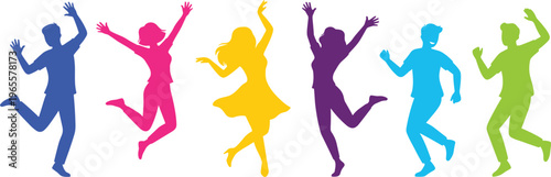 Colorful Silhouette of Dancing People in Different Poses, Joyful and Energetic Dance Movement