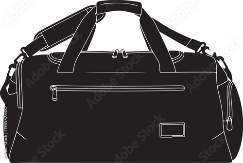 A black duffel bag with white outlines