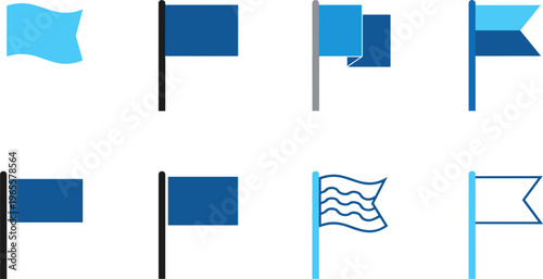 Blue flag vector collection with different shapes waving banners flat design icons set for signaling decoration and navigation isolated on white background
