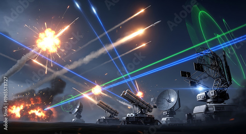 A futuristic military defense system launching missiles and laser beams at night