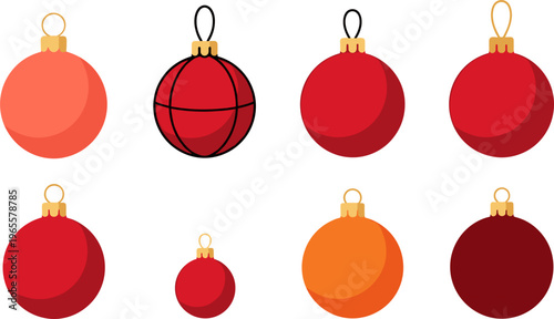 Christmas ball ornament vector collection with red and orange decorative baubles flat design holiday decoration icons isolated on white background