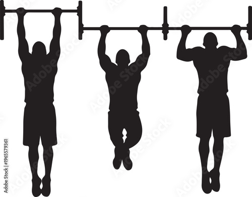 Three silhouettes of men performing pull-ups on a bar