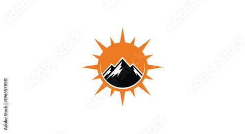 Vibrant sun logo with mountain range in black and orange hues