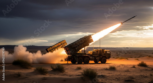 A military truck launches a missile into the desert sky at sunset