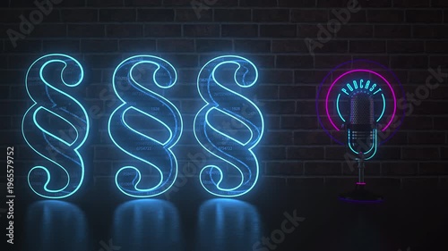 Podcast Mic with Paragraph Symbols and Digital Data Background. 4k video ProRes 4444.