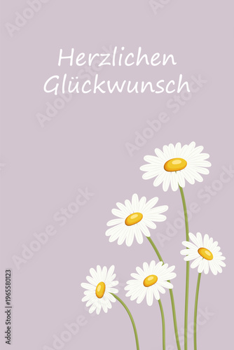 Herzlichen Glückwunsch - Schriftzug in deutscher Sprache. Rosafarbene Grußkarte mit Gänseblümchen.