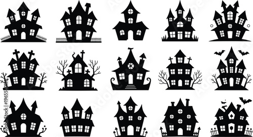 Set of Haunted House Silhouettes with Spooky Designs, Halloween Decoration Icons