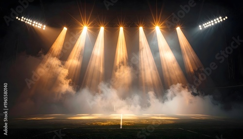 Concert stage with bright spotlight beams.