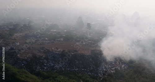Aerial panning view. Burning rubbish causing greenhouse gas, contributor to climate change.  Extreme Poverty. People living alongside dumpsite struggling to survive through waste picking.