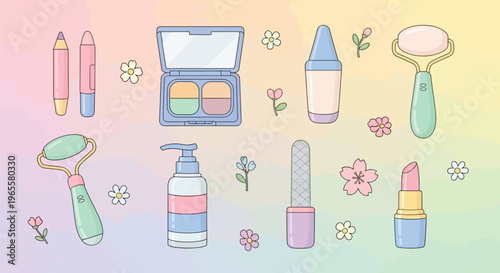 Cute pastel illustration of various beauty and skincare products including makeup, rollers, and lotion, adorned with small flowers on a soft gradient background.