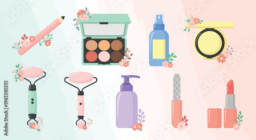 Collection of various beauty and skincare products including makeup, rollers, and lotions, adorned with delicate floral accents on a pastel background.