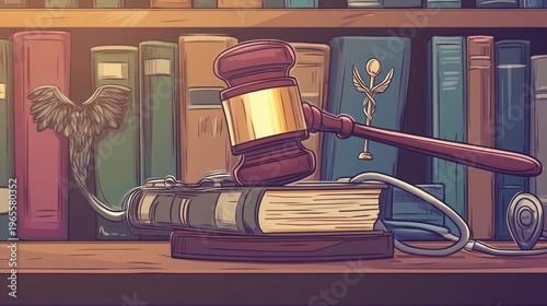 Gavel and Books on Shelf in Courtroom Justice, Legal, Concept, Law, Judgement