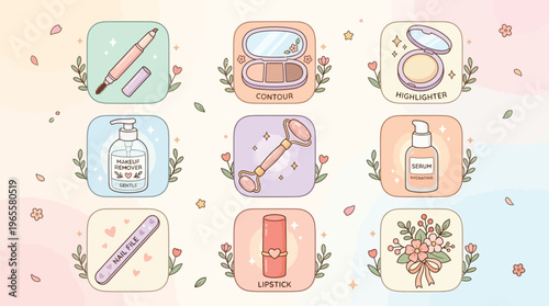 A pastel-themed grid of nine beauty and self-care product icons, including makeup, skincare, and hygiene items, with a decorative floral bouquet.