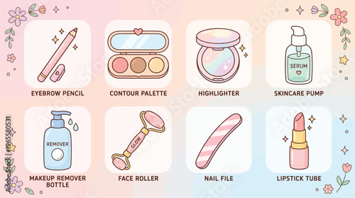 A collection of cute cartoon beauty and skincare product icons including makeup, tools, and cosmetic items on a pastel background with floral decorations.