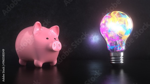 3d illustration. Kreative Finanzidee mit Sparschweinund Glühbirne
