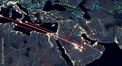 A nighttime satellite view of the Middle East with red flight paths