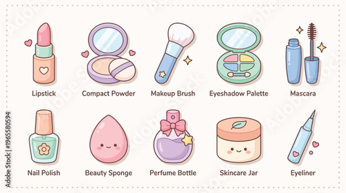 Cute cartoon beauty and makeup products set with kawaii style illustrations.