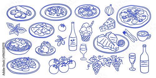 Collection of Hand-Drawn Blue Italian Cuisine Line Art — Ideal for Restaurant Menu Design, Italian Cultural Brochures, and Culinary Icon Assets